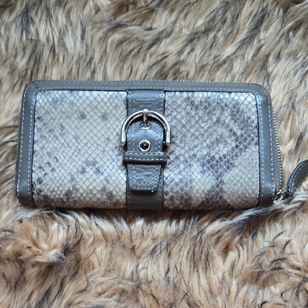 Coach leather and python snake nickel buckle gray-taupe zip around wallet